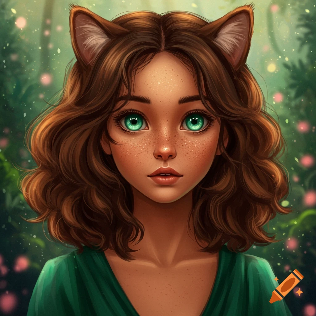 Portrait of a girl with cat ears, green eyes, and freckles in a forest