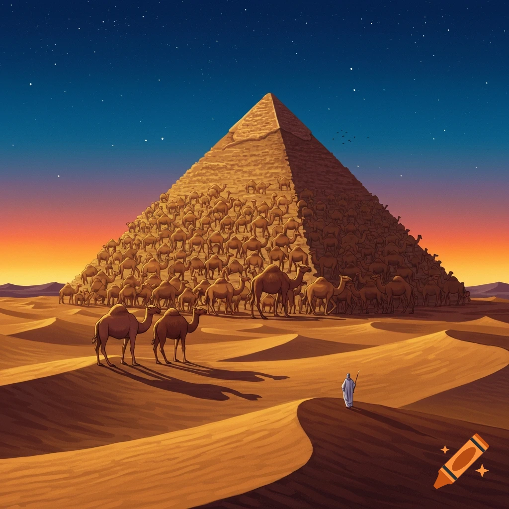 A pyramid in a desert at night is covered in camels, with a figure watching from a dune.