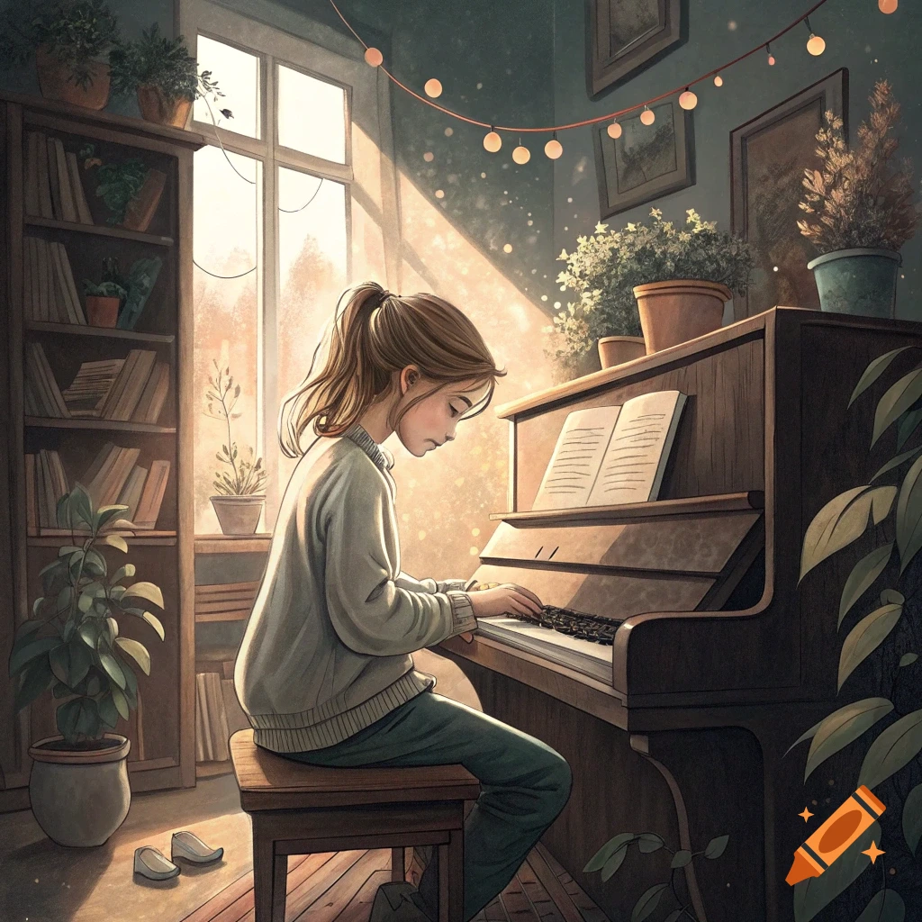 A girl plays the piano in a sunlit room with bookshelves and plants.