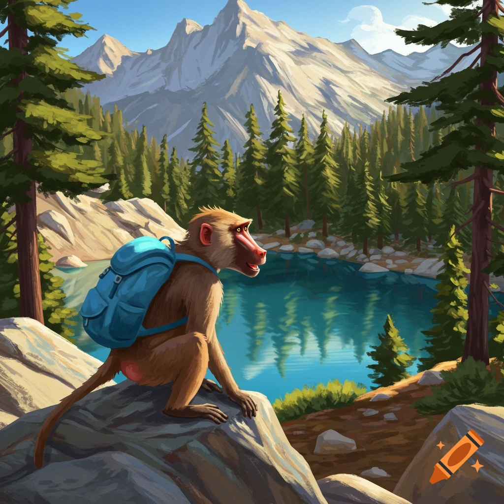 A baboon with a backpack sitting on a rock by a mountain lake.