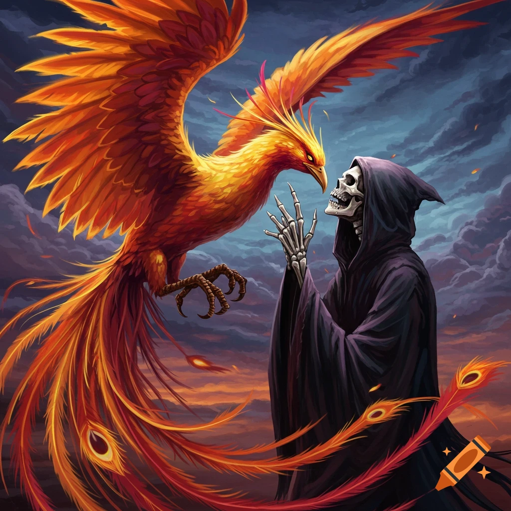 A fiery phoenix looks at a skeleton figure in a black robe.