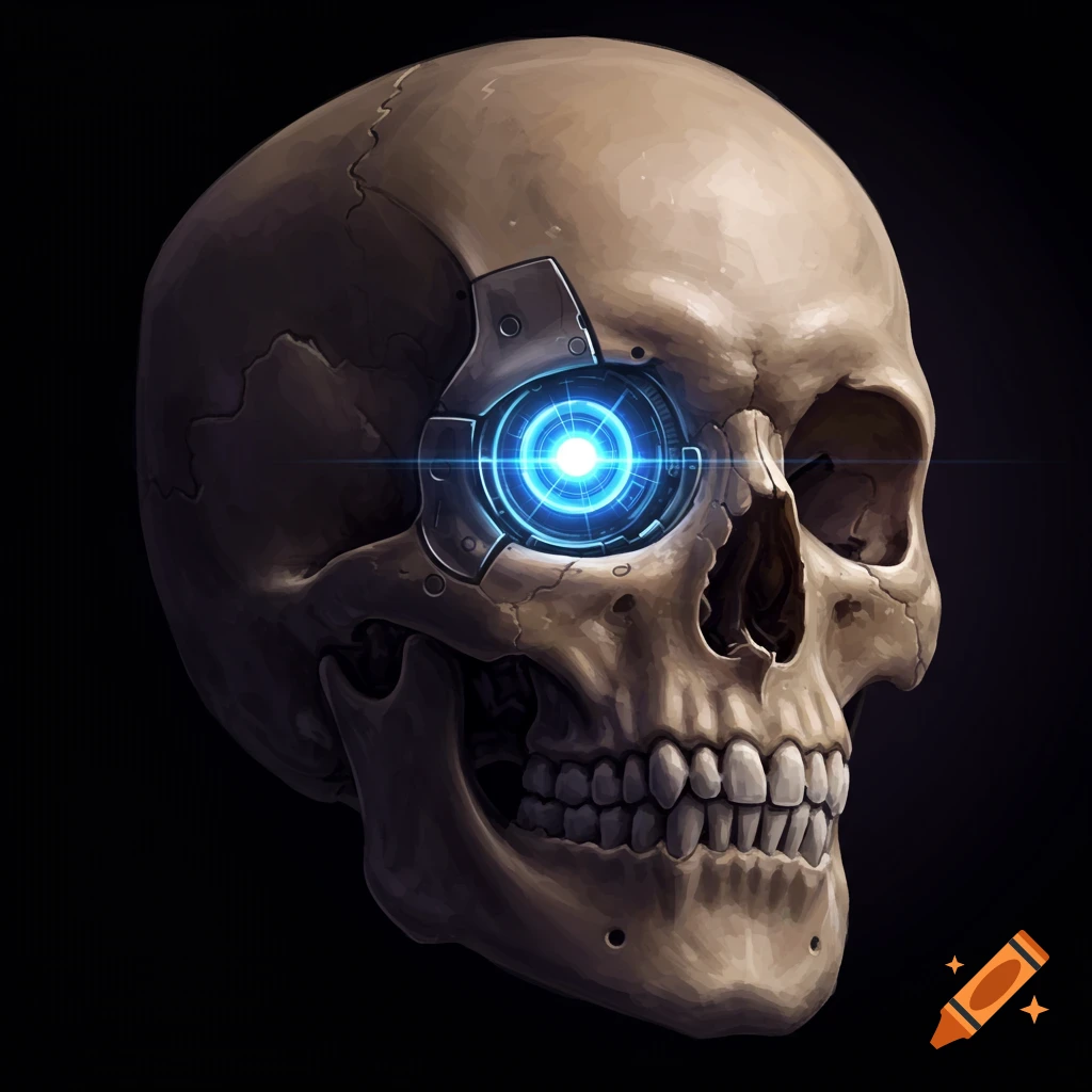 A skull with a glowing blue cyborg eye.