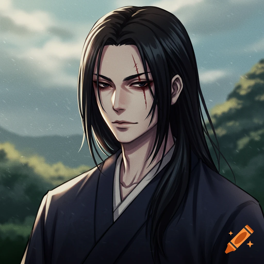 Anime portrait of a man with long black hair and facial scars