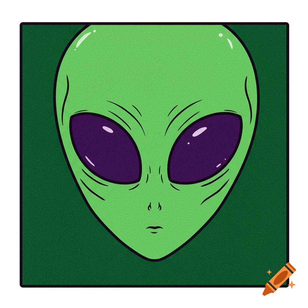 Illustration of a green alien head with large purple eyes.