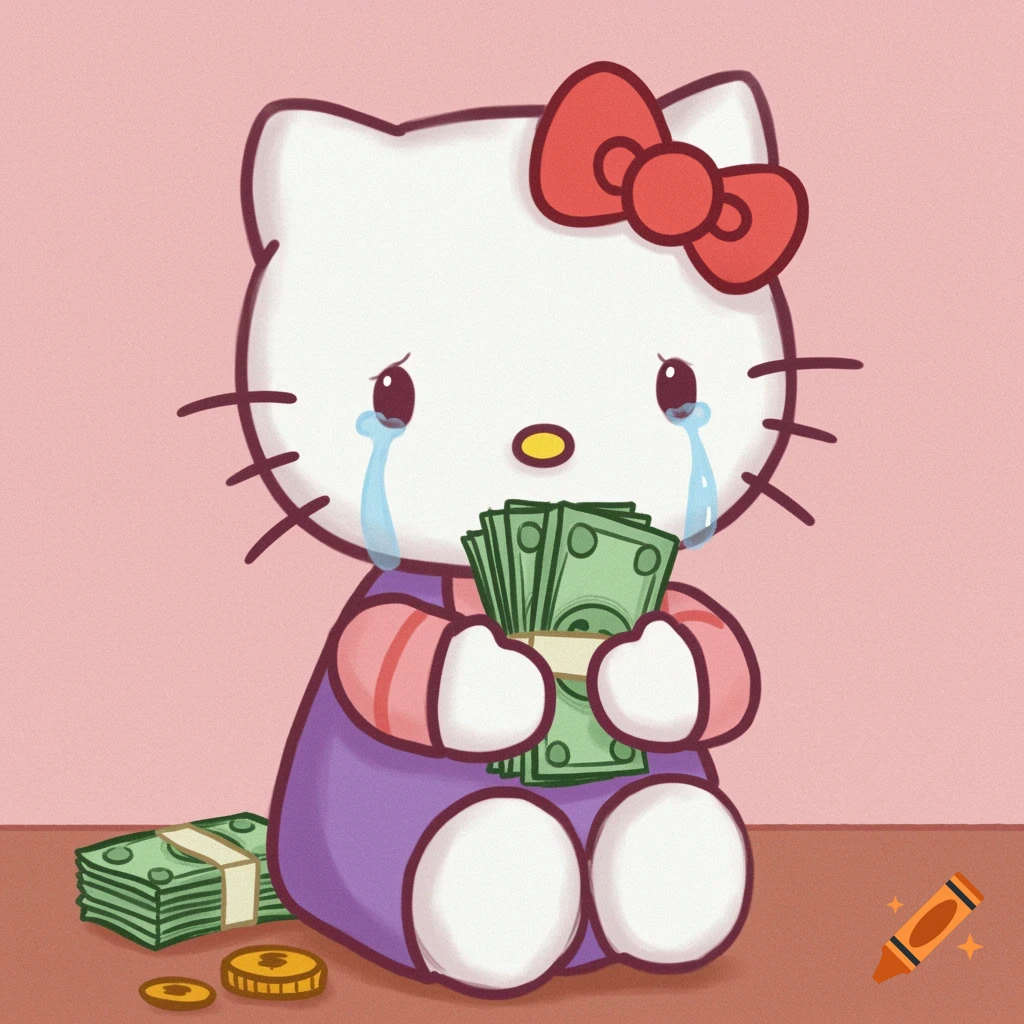 Cartoon of Hello Kitty crying and holding money