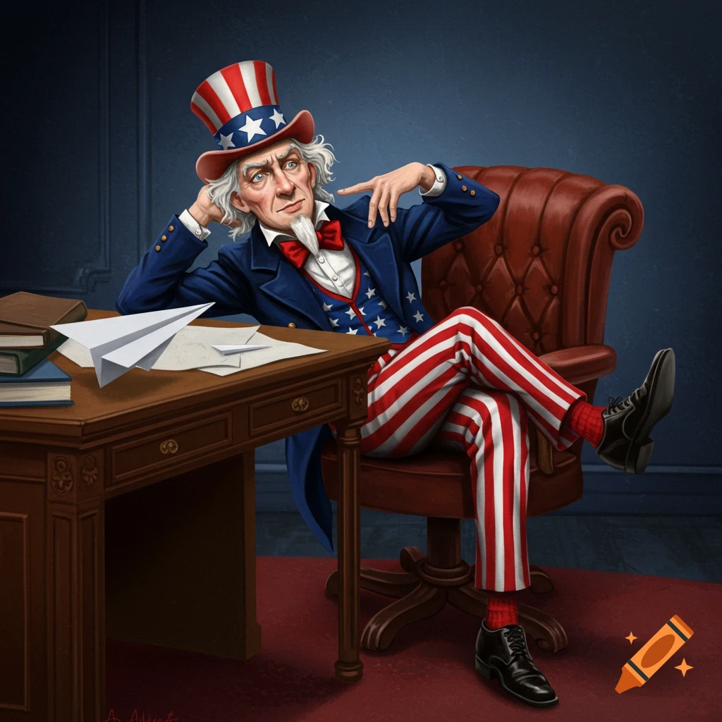 Uncle Sam sitting at a desk with paper airplanes and a thoughtful expression.