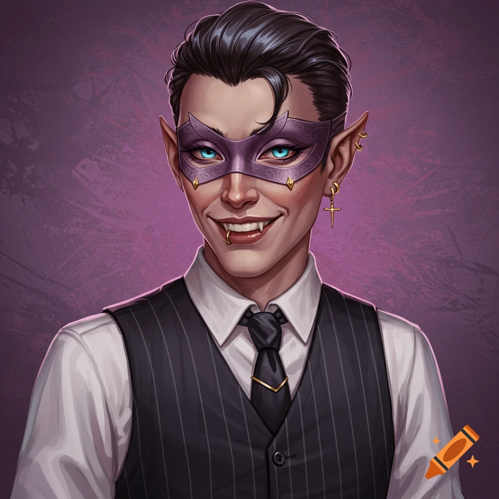 A character with a mask, fangs, and pointy ears, wearing a vest and tie.