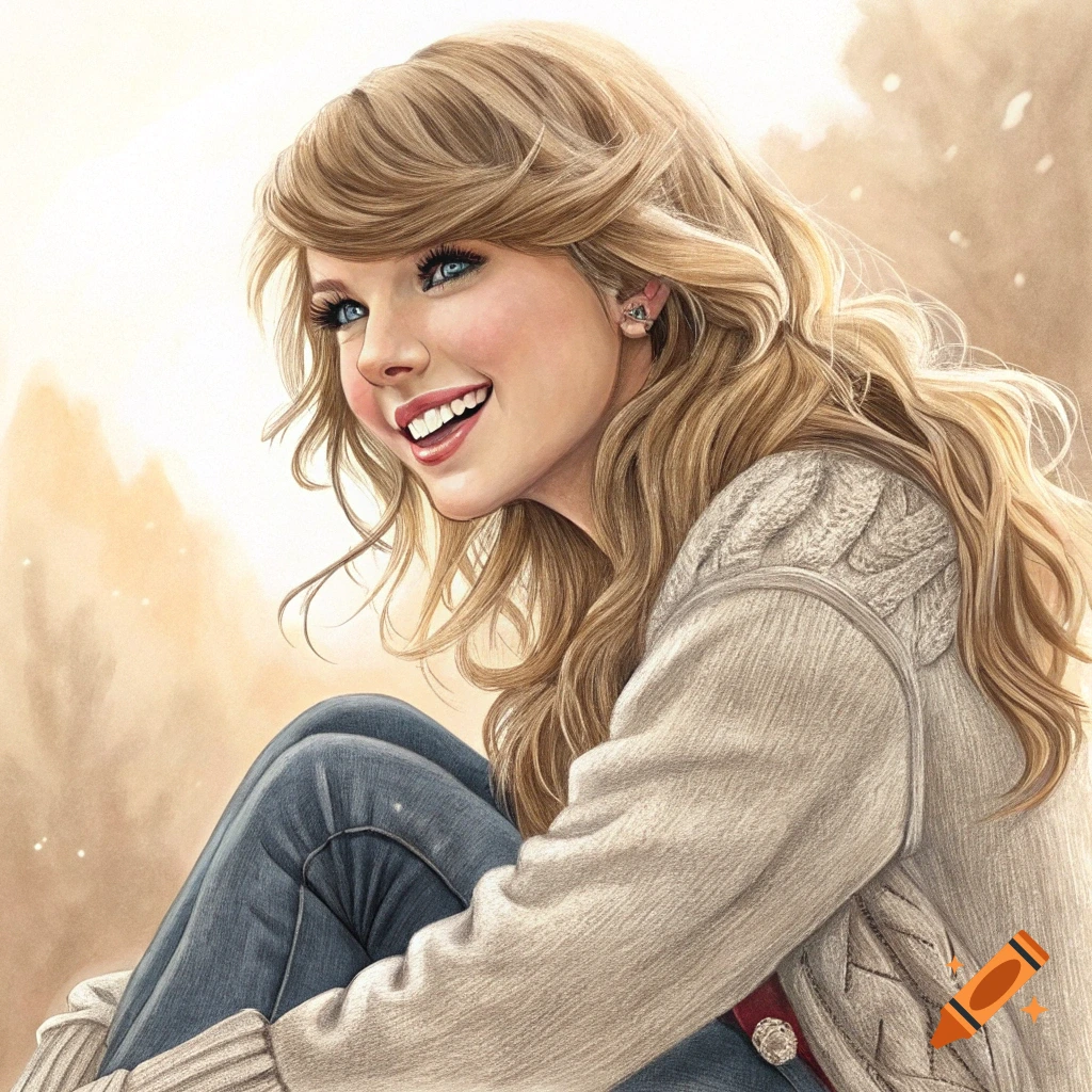 Illustration of a woman resembling Taylor Swift, with blonde hair and blue eyes, smiling while sitting outdoors in a sweater.