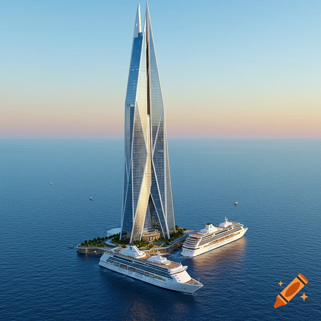 A futuristic skyscraper emerging from the ocean, with two cruise ships docked nearby.