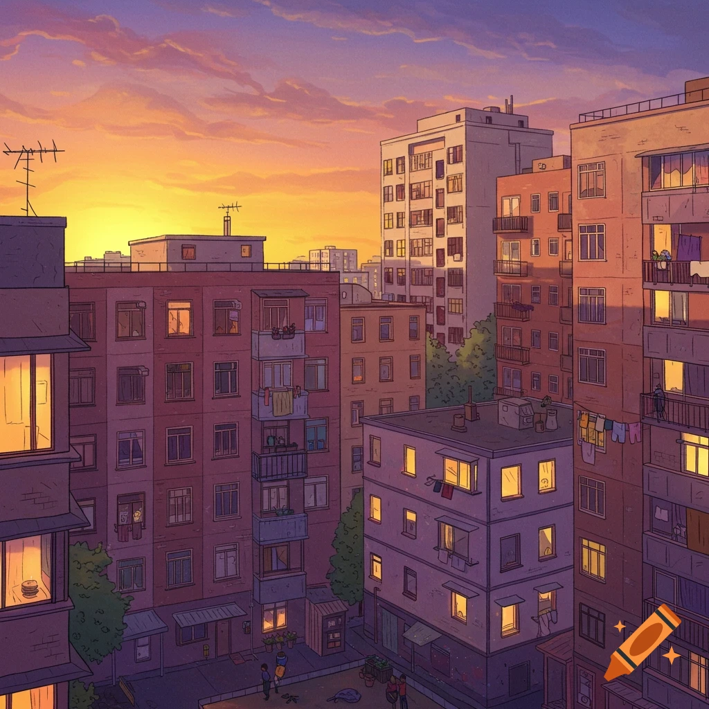 apartment buildings at sunset