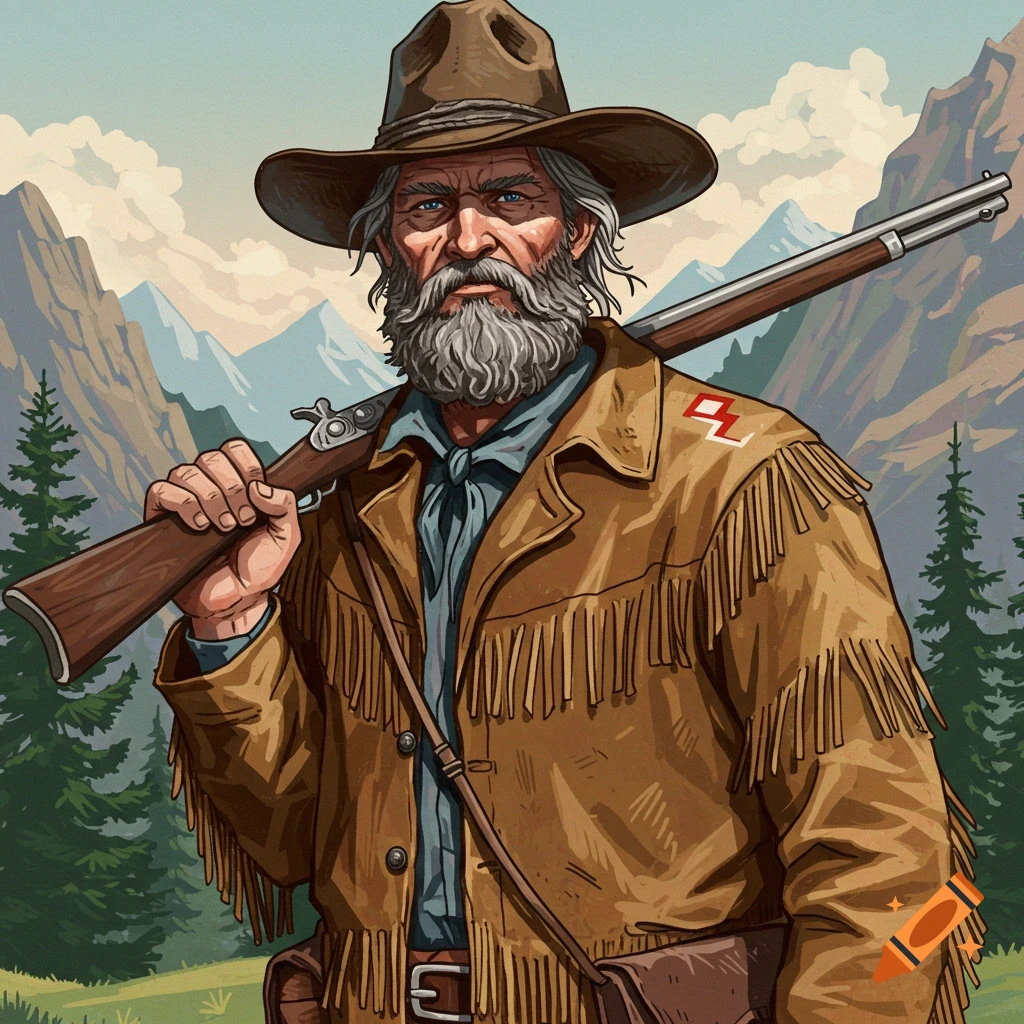 Illustration of a grizzled mountain man holding a rifle over his shoulder, standing in front of mountains and trees.