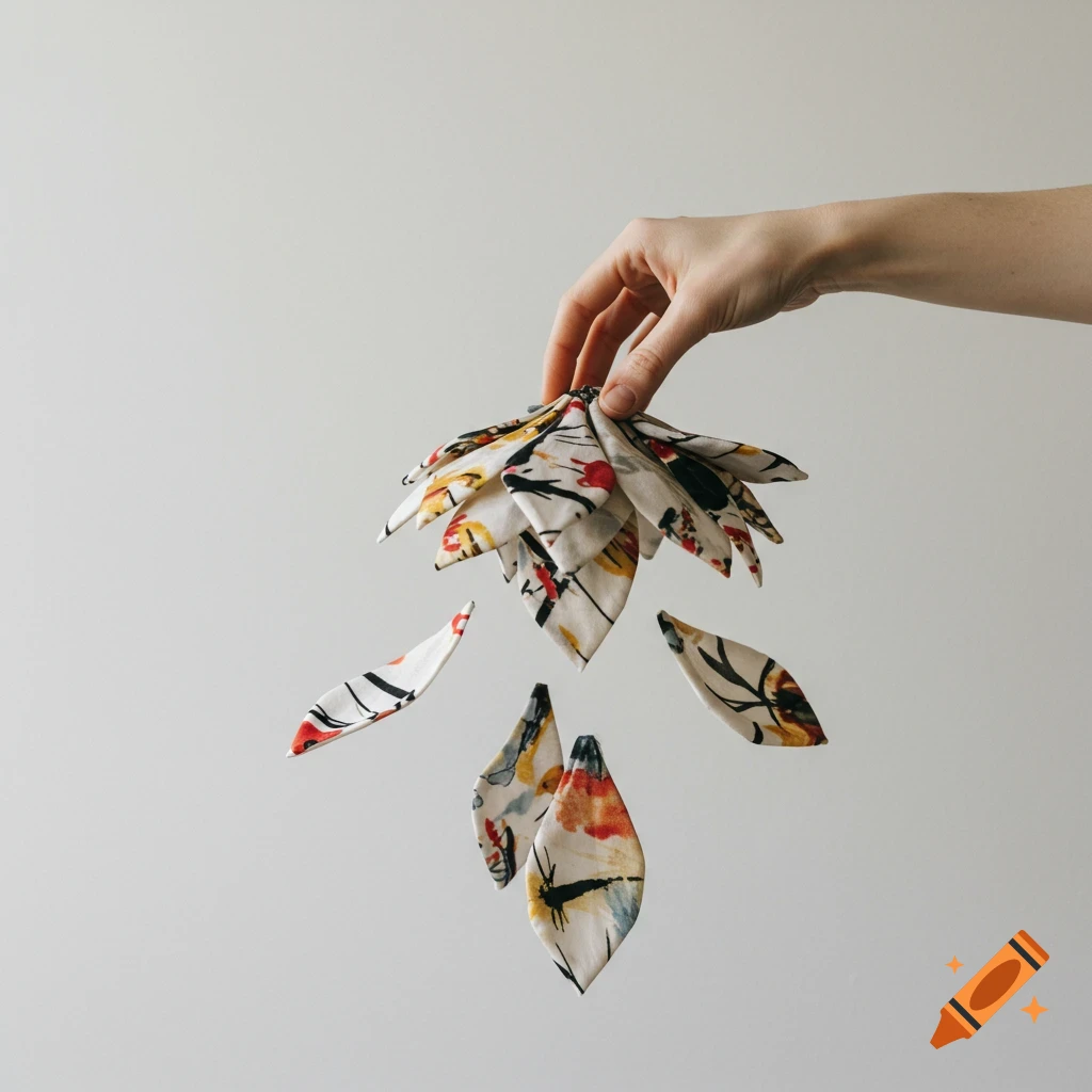 Hand holding a fabric flower with abstract patterns, petals falling.