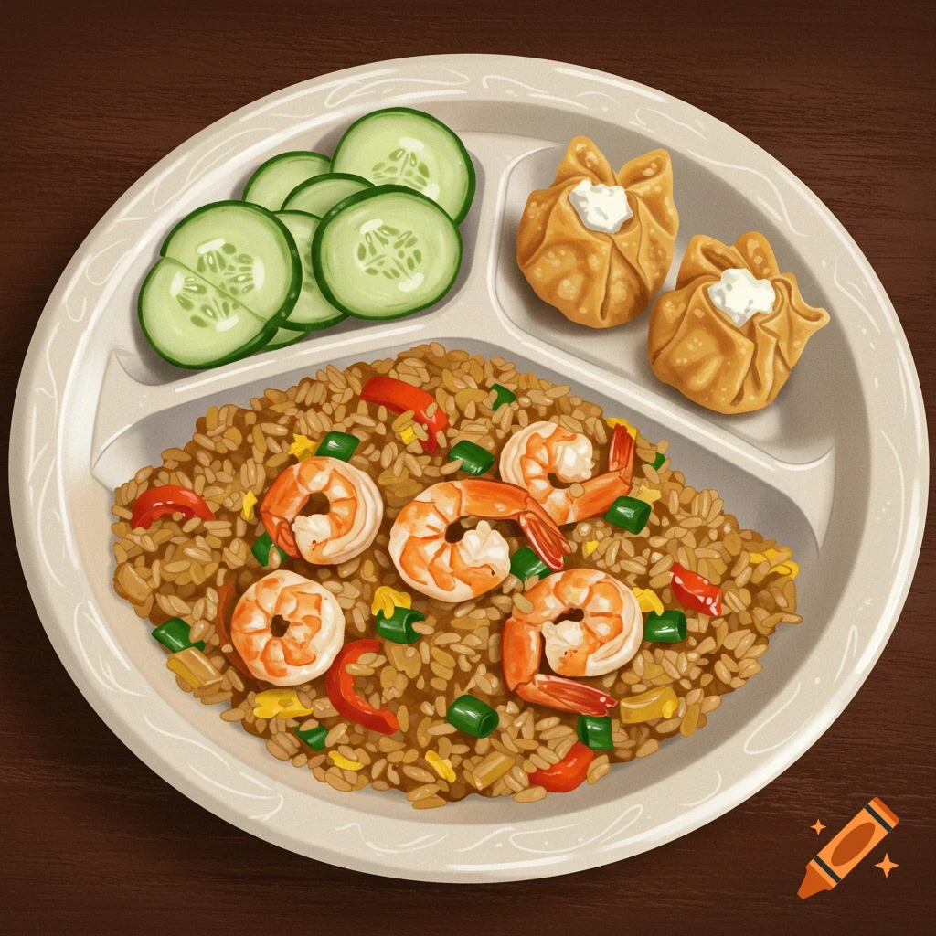 Shrimp fried rice with cucumbers and wontons on a segmented plate.