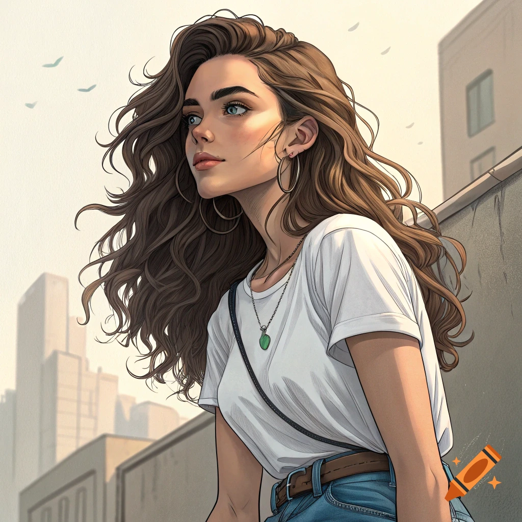 Illustration of a young woman with long wavy hair looking away in a city.