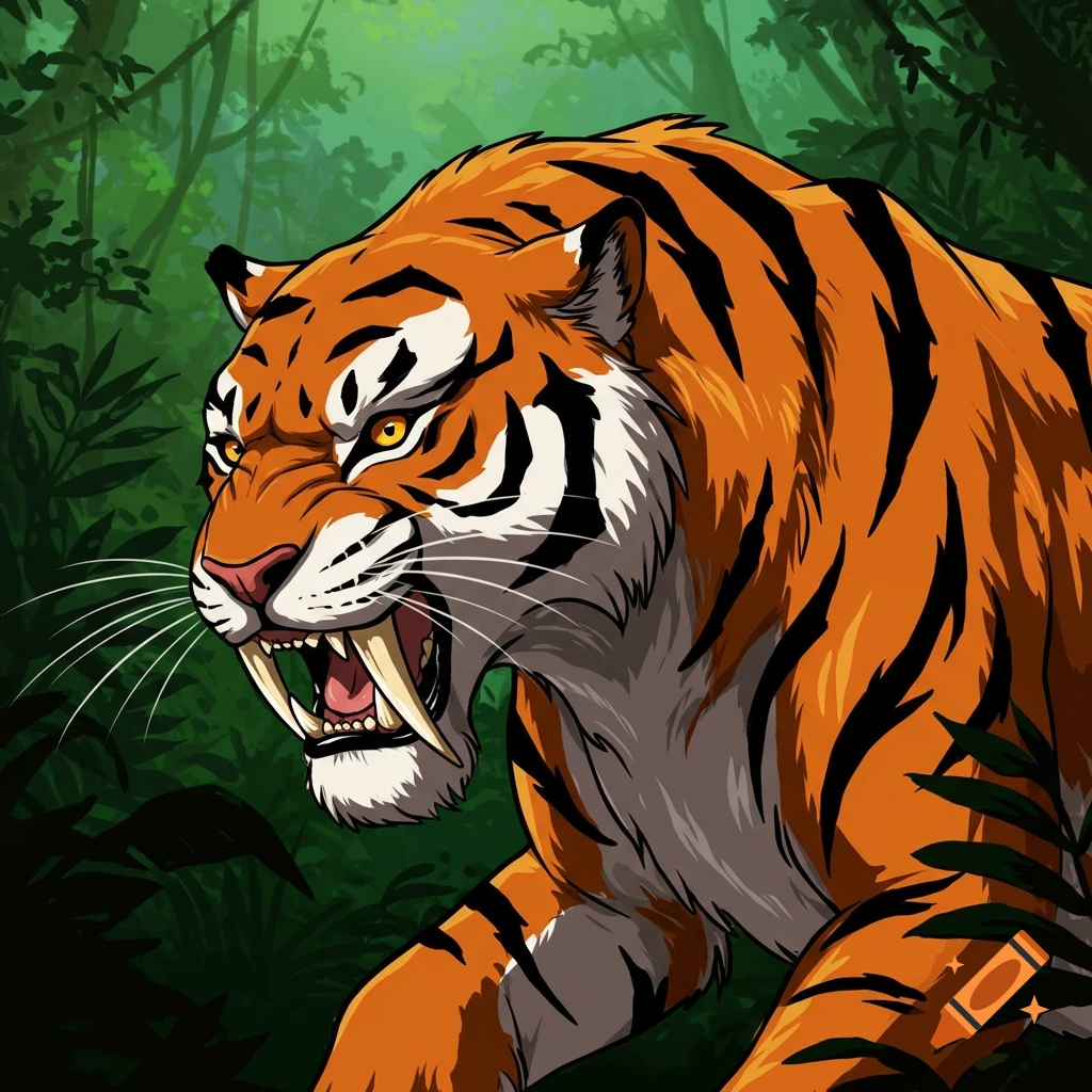 A stylized image shows a saber-toothed tiger roaring in a jungle.