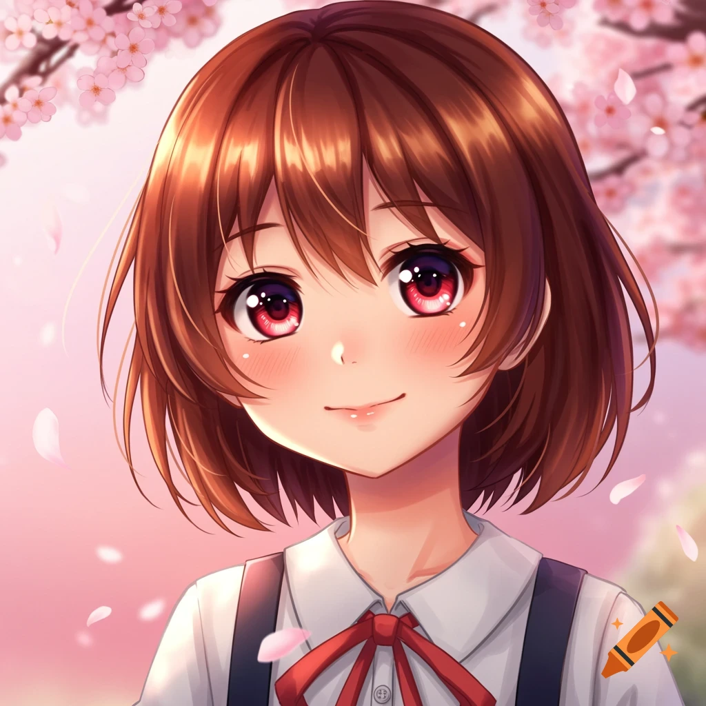 Anime portrait of a young girl with red eyes and brown hair smiling among cherry blossoms