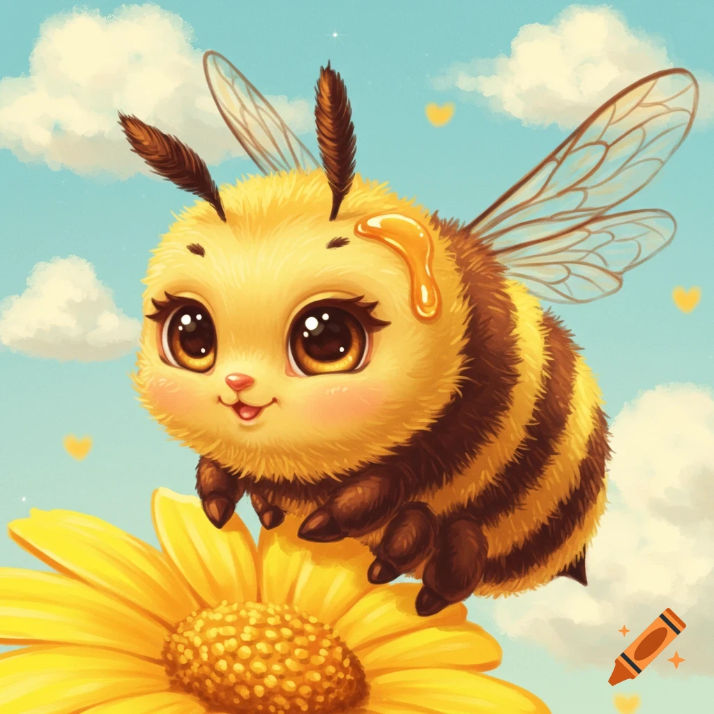 A cute fuzzy bee is sitting on a large yellow flower under a blue sky with clouds and hearts.