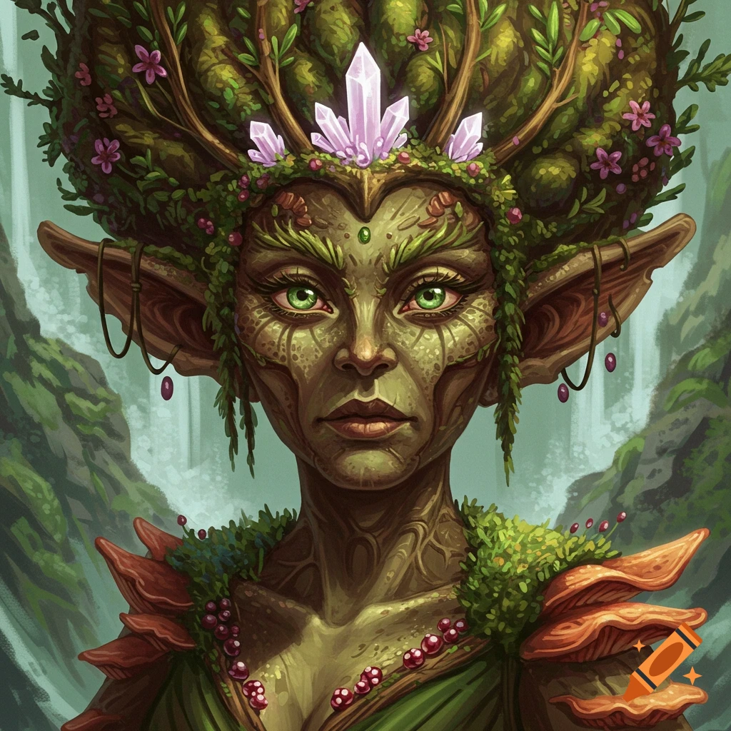 A portrait of a green-skinned fantasy creature with large ears, leaves, and crystals on her head.