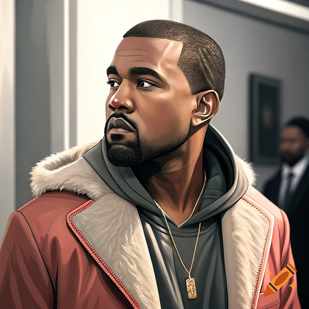 Stylized portrait of Kanye West wearing a hooded jacket and necklace