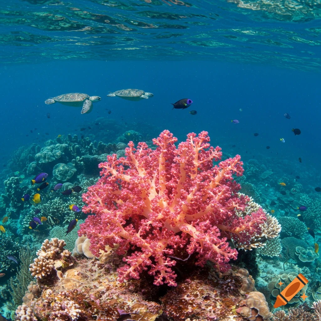 Large pink soft coral surrounded by fish and sea turtles in a clear blue ocean.