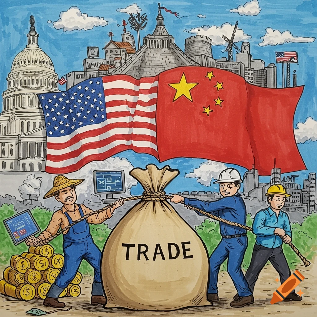 Cartoon drawing of a tug-of-war over a bag labeled 'TRADE' between US and Chinese workers, with national symbols in background.