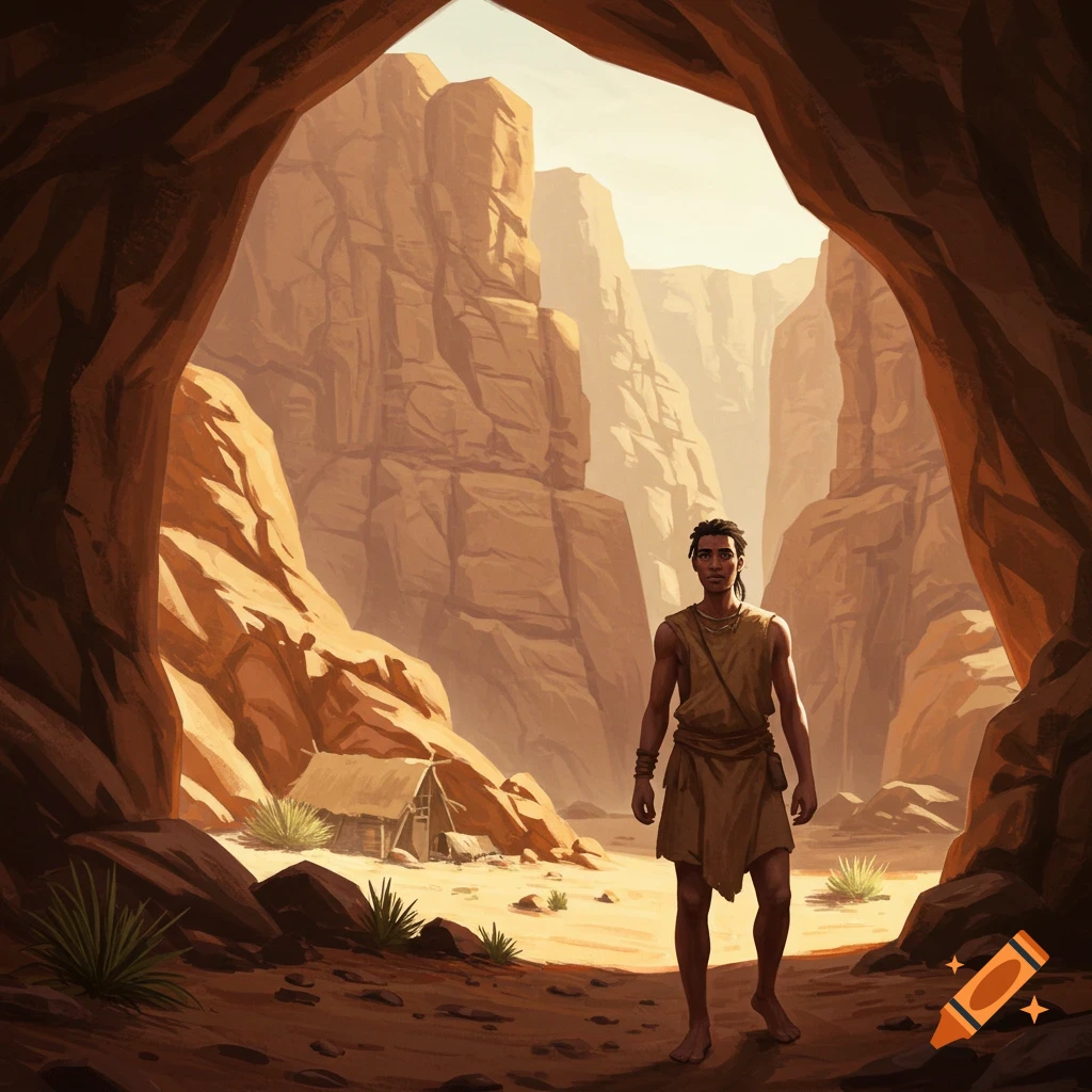 A man stands in a cave entrance looking out at a sunny desert valley.