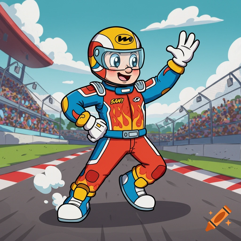 Cartoon race car driver waving at a race track