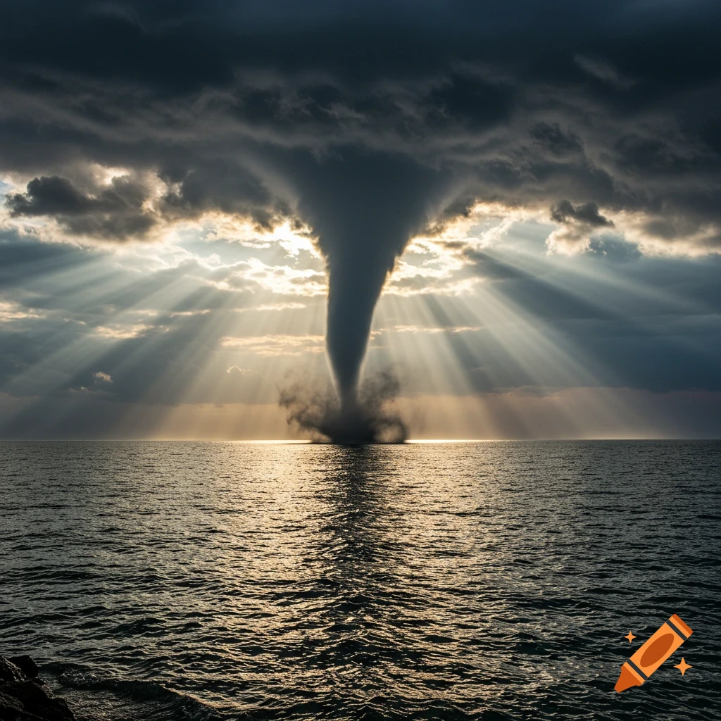 A large waterspout tornado forms over choppy water under dramatic stormy clouds with sun rays breaking through.
