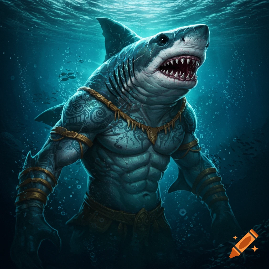 Fantasy illustration of a muscular anthropomorphic shark with tattoos and jewelry underwater.
