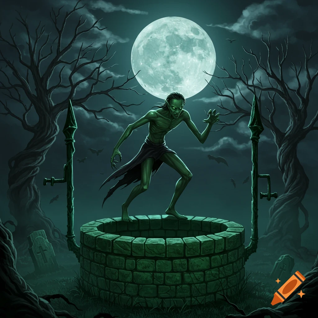 A green creature on a stone well under a full moon in a gothic graveyard.