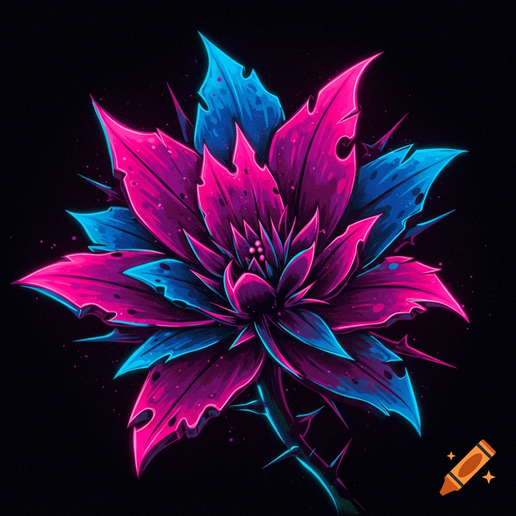 Stylized pink and blue neon flower illustration on black background.