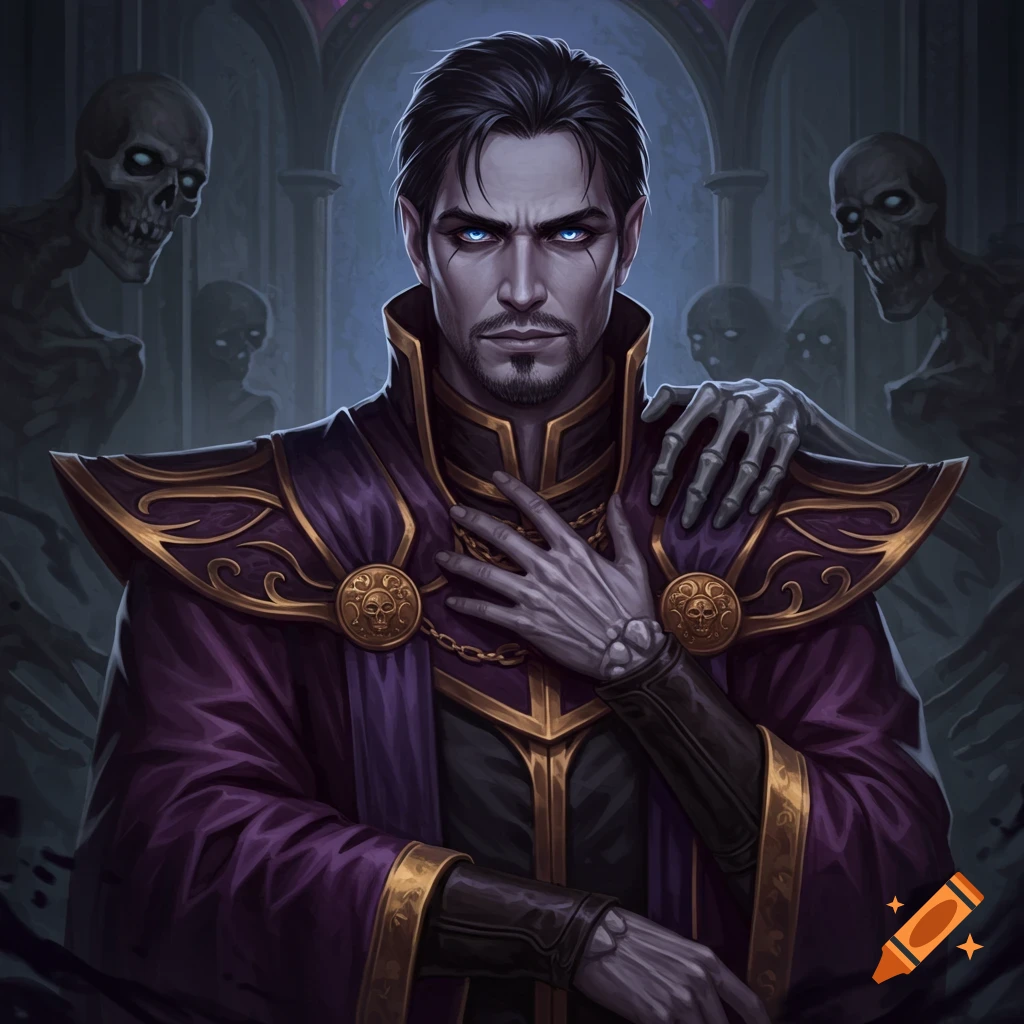 A dark fantasy necromancer in purple robes stands with skeletal figures in the background.