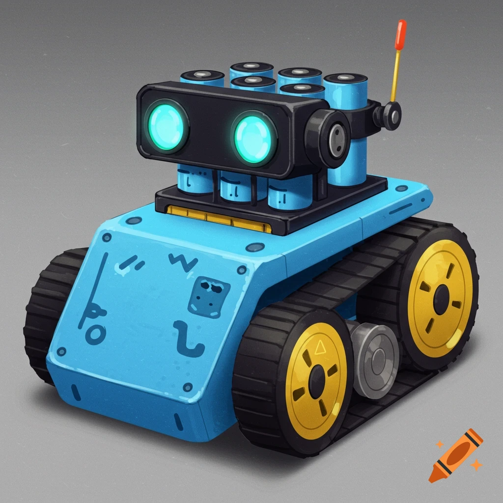 A blue robot with tracks, glowing eyes, an antenna, and batteries.