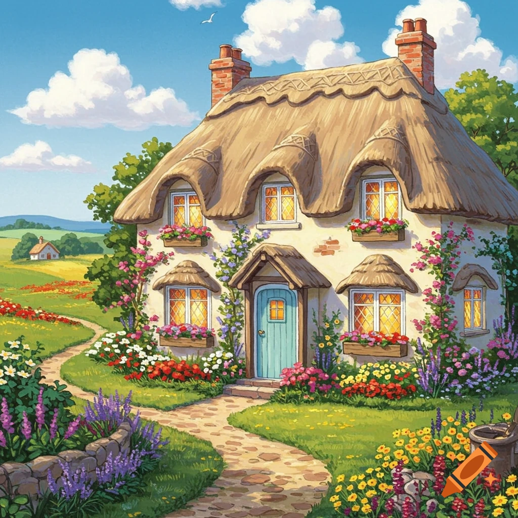 A country cottage with a thatched roof and a colorful flower garden.