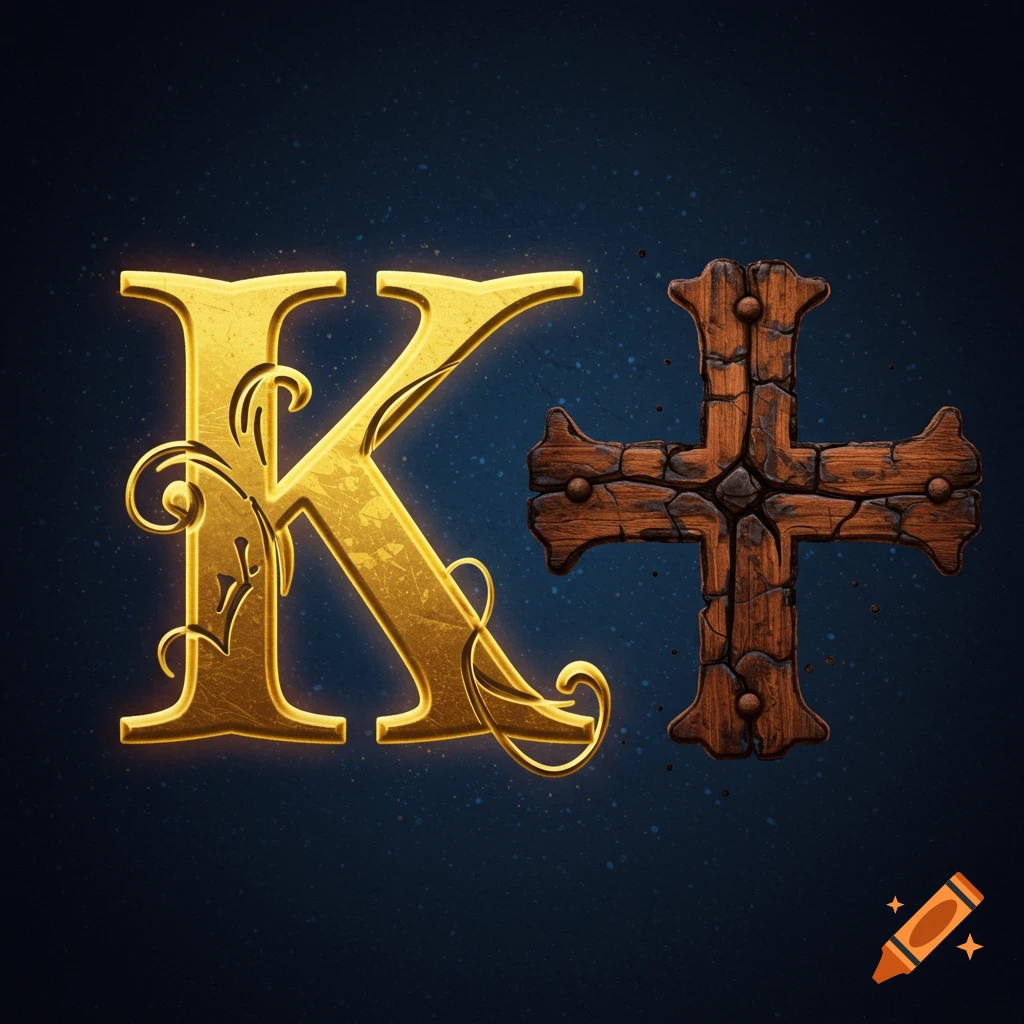 A golden, ornate letter K next to a rough wooden cross