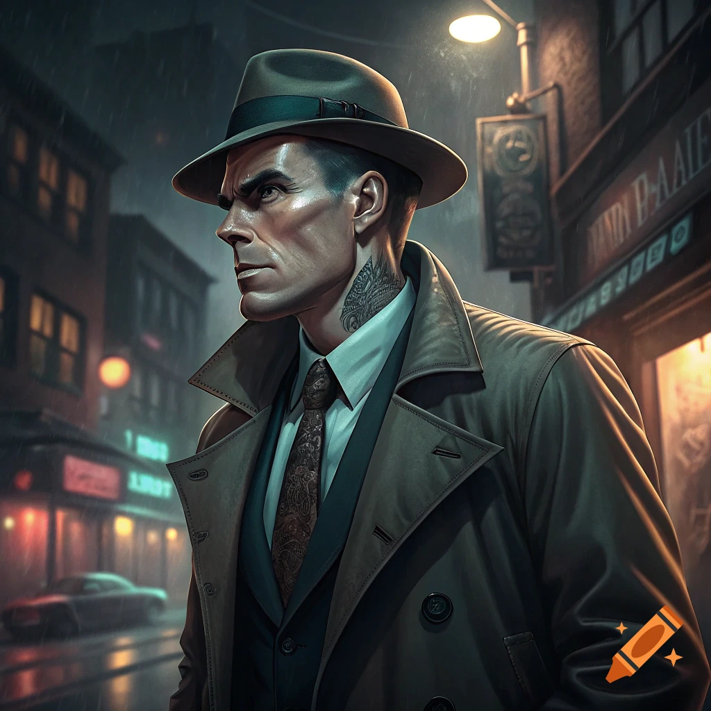 A man in a hat and trench coat looks to the side on a rainy city street at night.