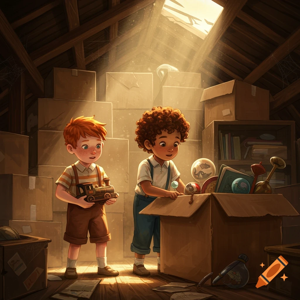 Two boys exploring a dusty attic with boxes, finding old toys.