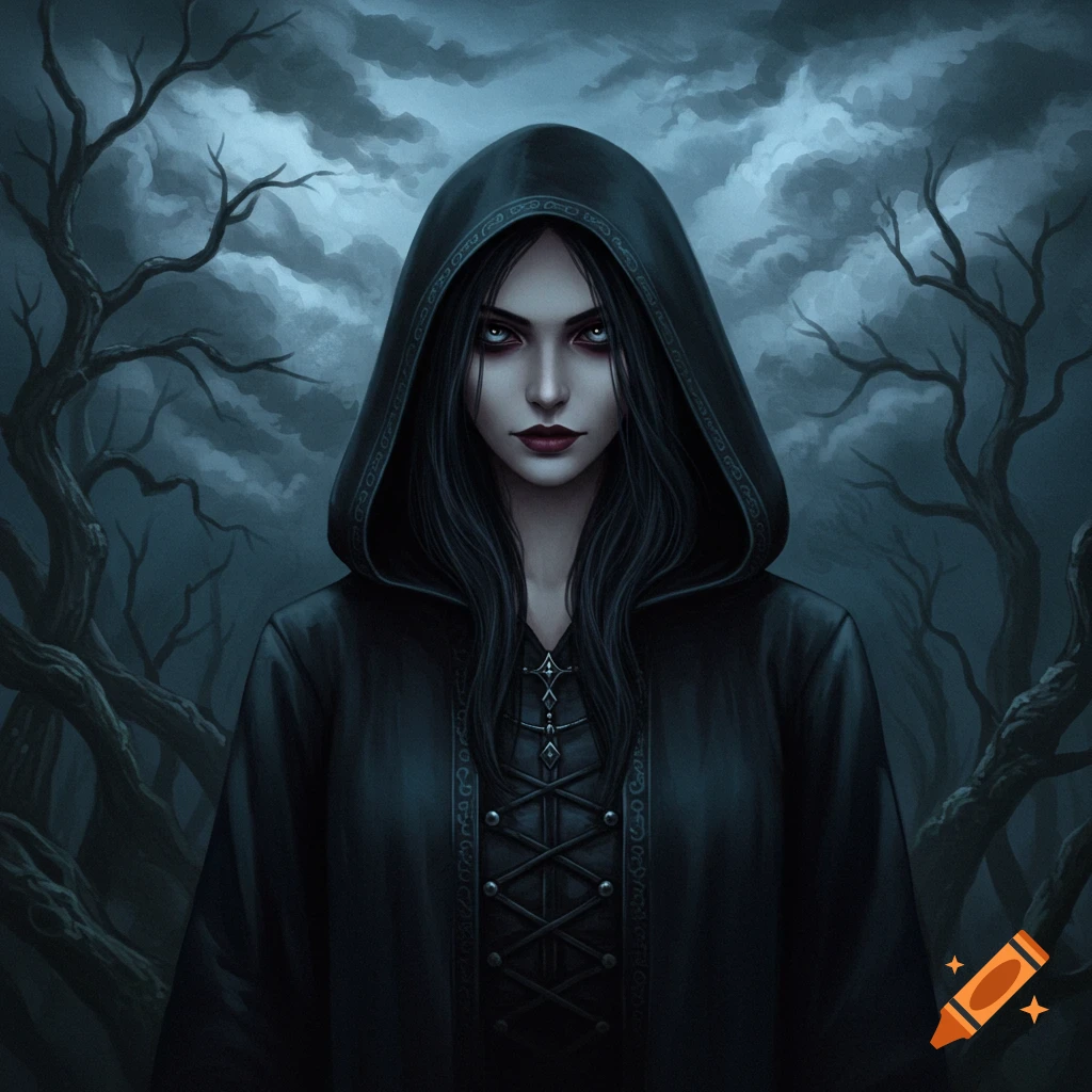 A dark hooded woman with pale eyes in a forest.