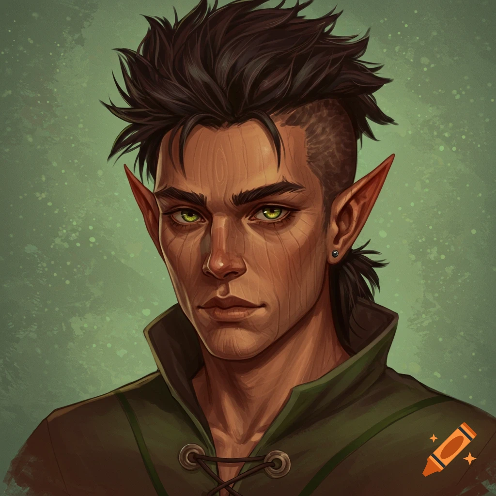 An elf with wood texture skin, green eyes, and a distinctive haircut.