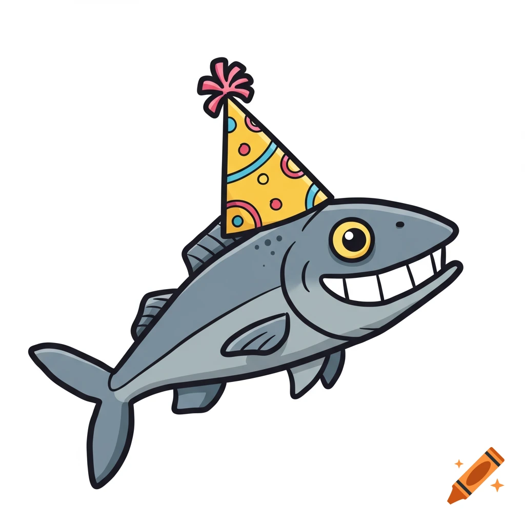 A cheerful cartoon fish wearing a yellow party hat with colorful dots.