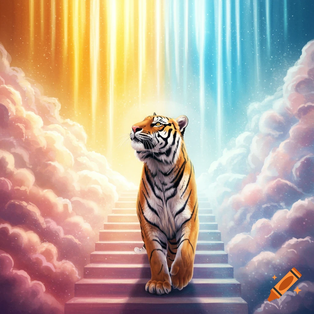 A tiger ascending stairs made of clouds towards beams of golden and blue light.