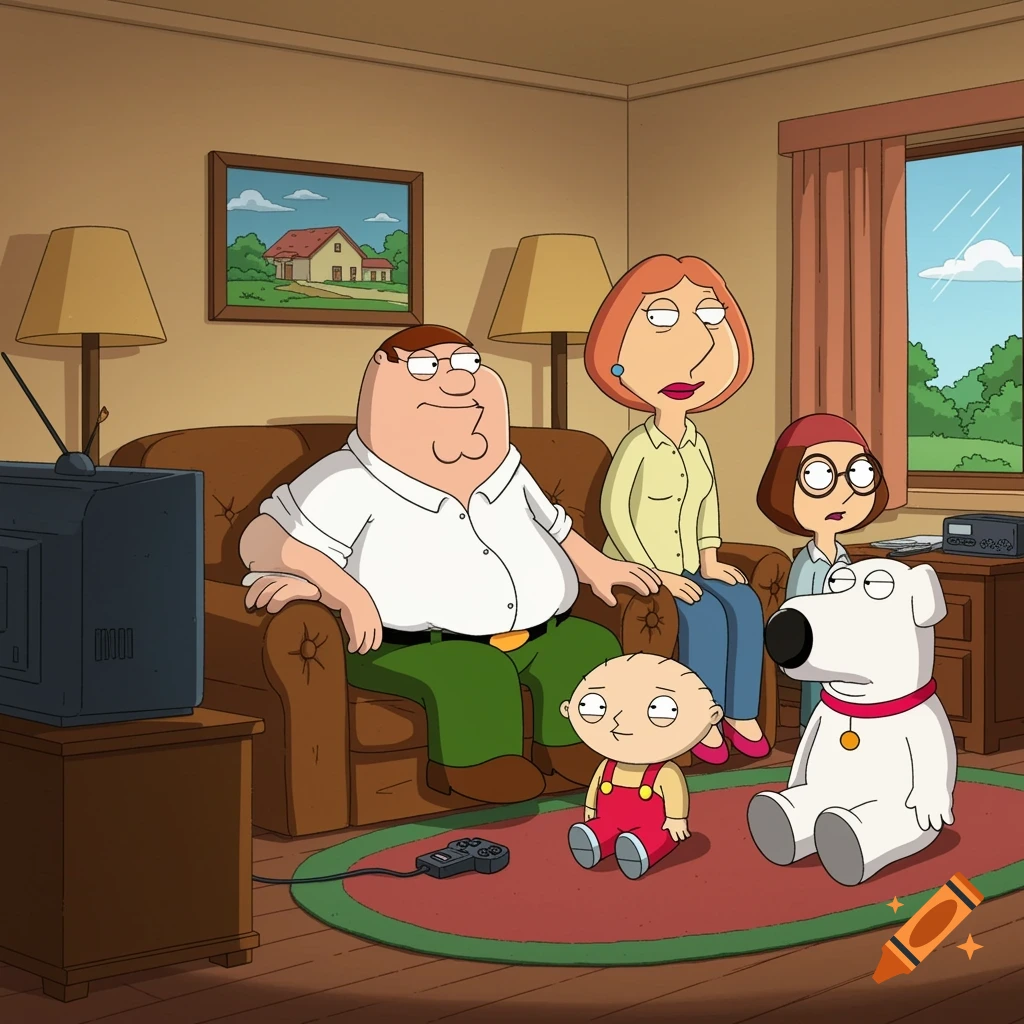 The Family Guy cartoon family, including Peter, Lois, Meg, Stewie, and Brian, in their living room watching television.