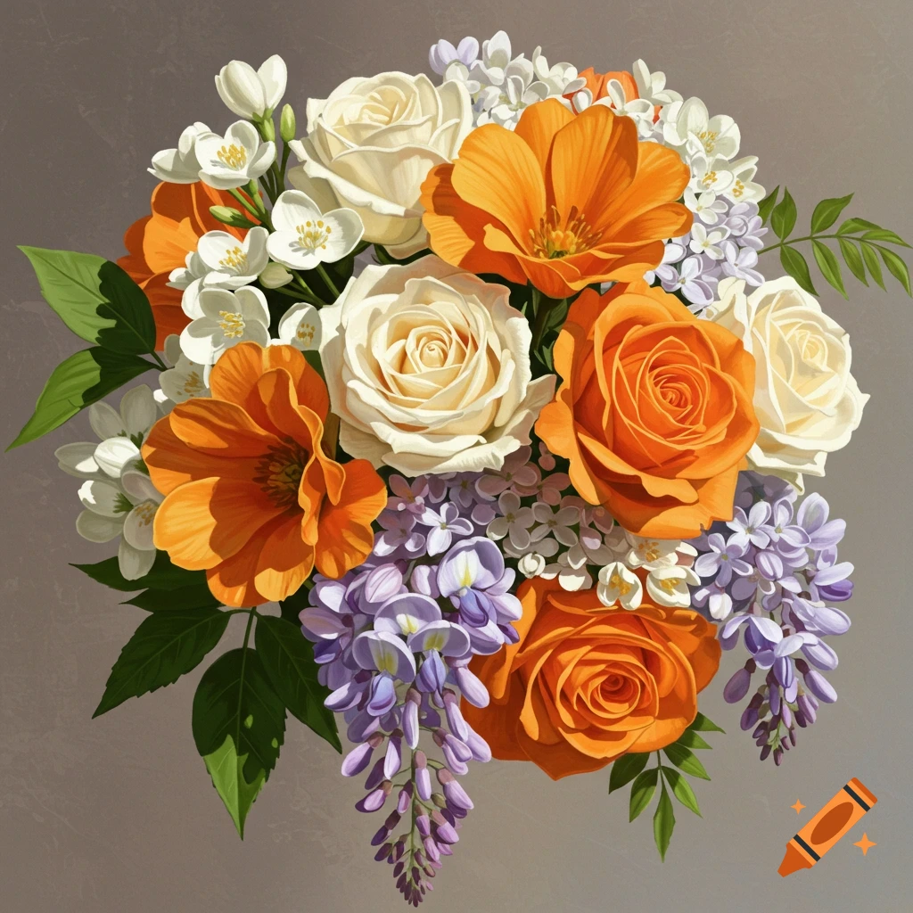 A bouquet with orange poppies, white roses, white jasmine, purple wisteria, and white lilac against a gray background.