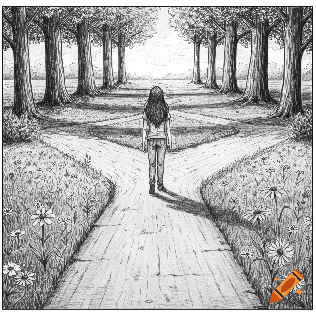 Pencil drawing of a person standing at a fork in a forest path.