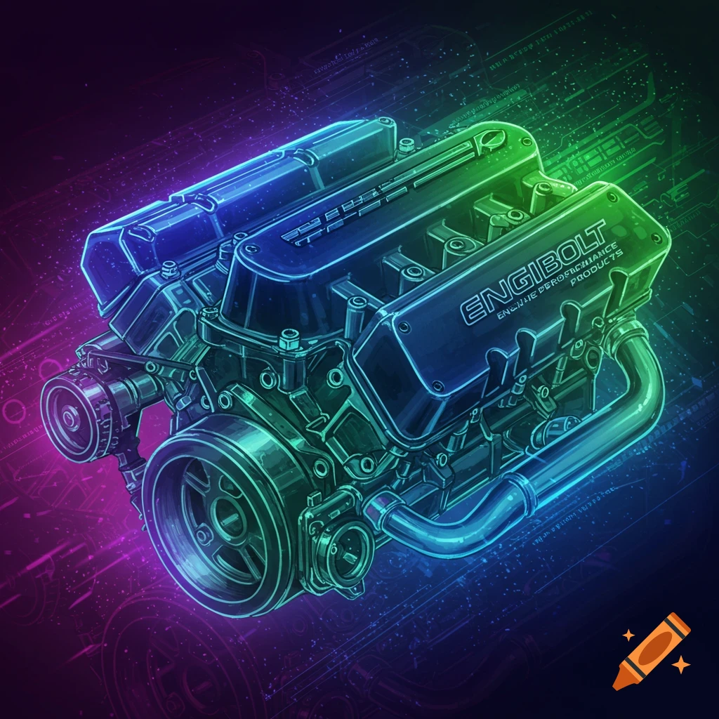 An engine with glowing neon lines and a circuit board background.