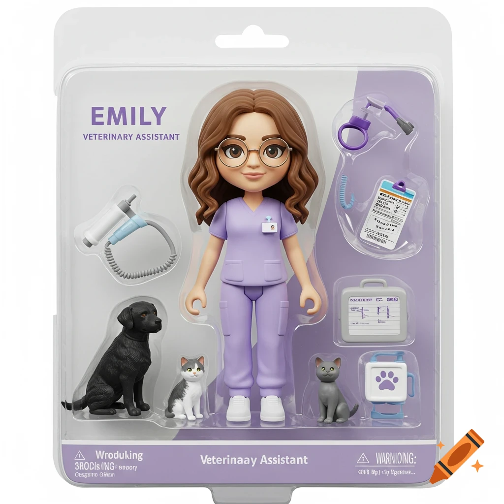 Packaged toy action figure of a female veterinary assistant with a dog and cats, plus accessories.