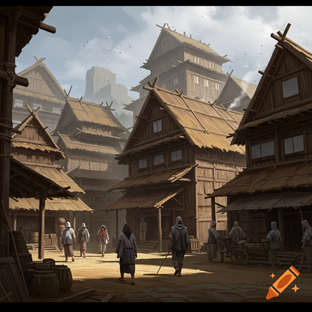 A busy wooden village street with traditional Japanese-style buildings and people walking.