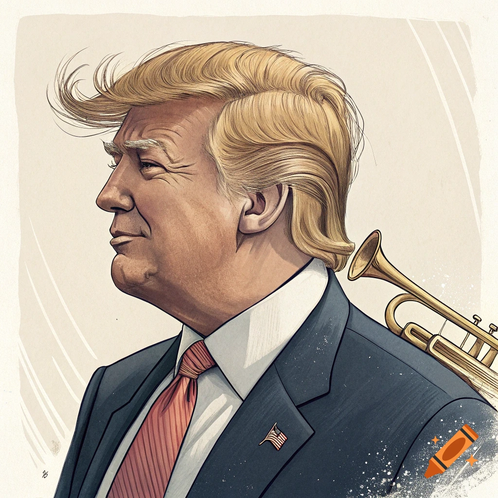 Stylized illustration of Donald Trump in profile with a trumpet over his shoulder.