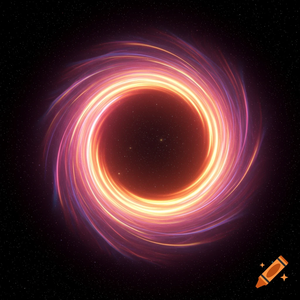 An abstract swirling space portal with bright orange and purple light.