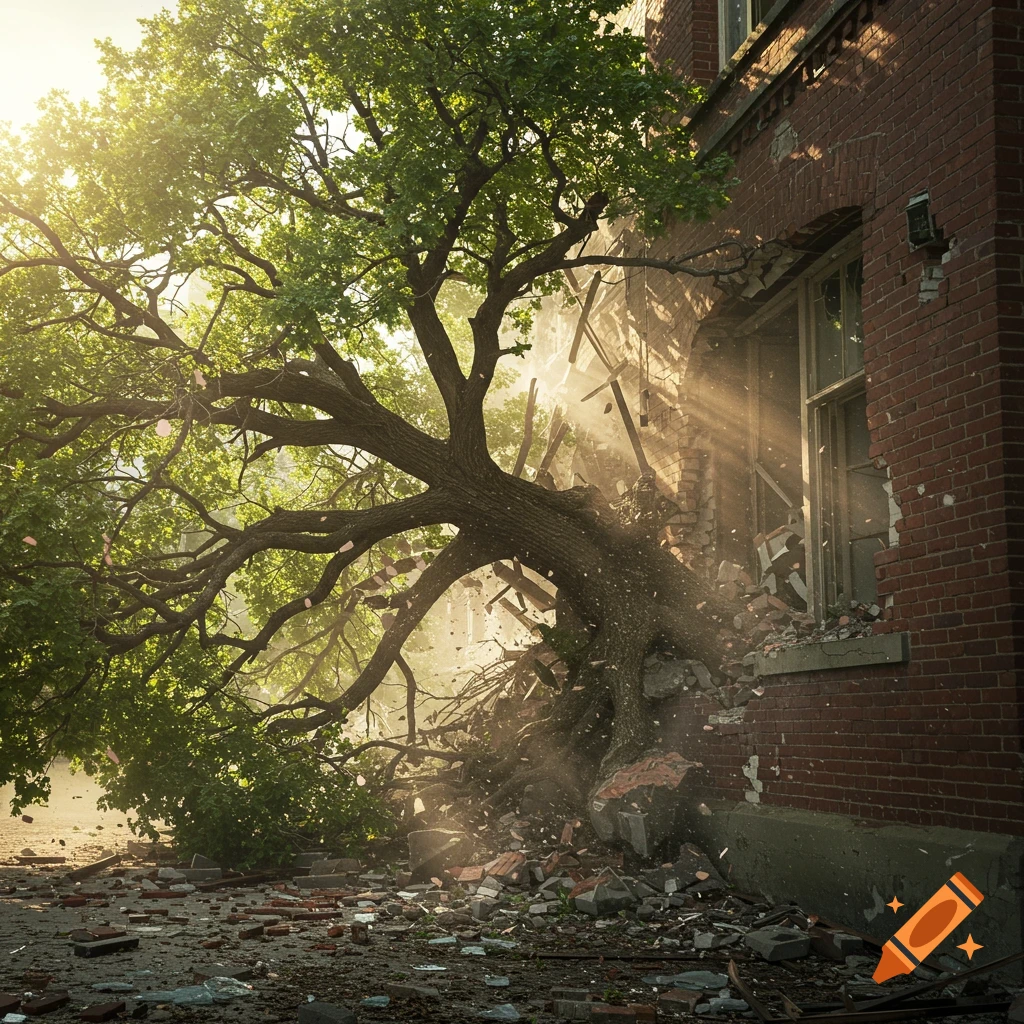 A large tree has fallen, crashing through the brick wall of a building, scattering debris.